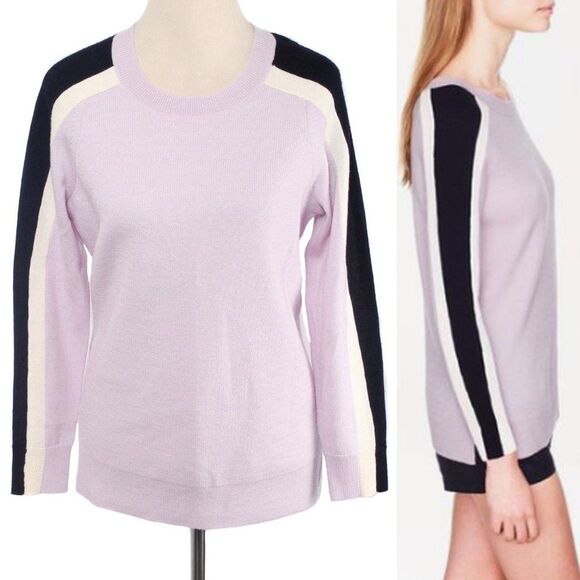 J. CREW Lilac Merino Wool Striped Sleeve Crewneck Sweater Women's Size S - Picture 1 of 8